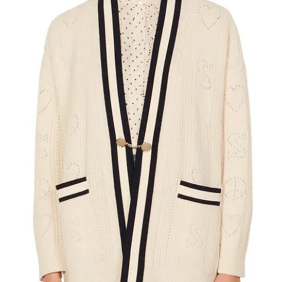 Sandro Pointelle Cardigan Oversized Ivory Navy Blue Gold Closure XL (4) - Picture 2 of 6